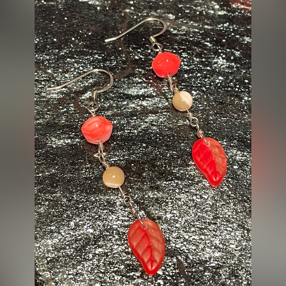 Rose and Leaf Glass Bead Earrings